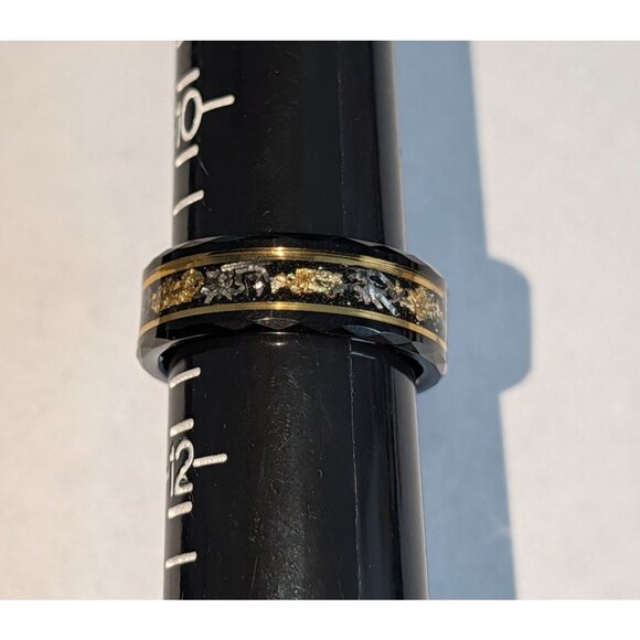 Mens Tungsten Carbide Ring Crushed Gold Leaf Meteorite Inlay Sz 11 Unique Cosmic - Picture 5 of 11